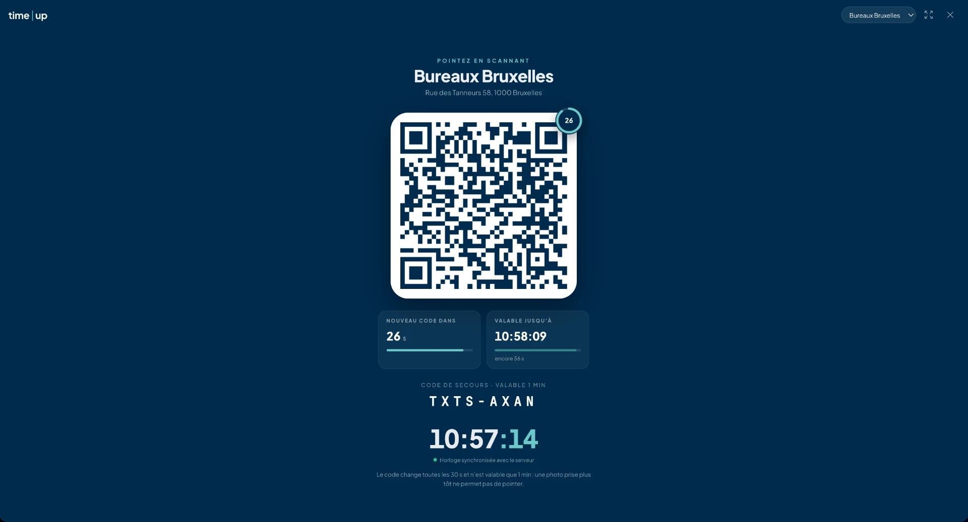 Écran de pointage Time-Up par QR code sécurisé pour les bureaux de Bruxelles