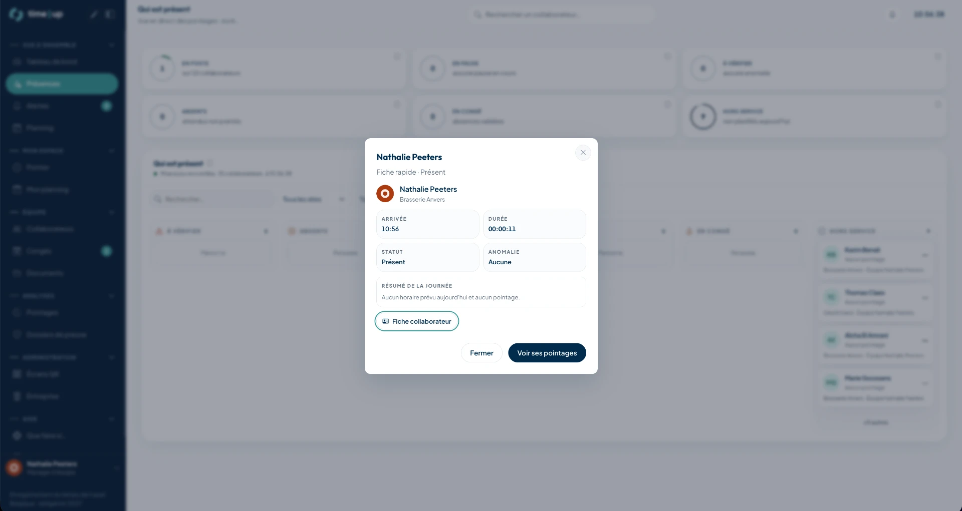 Fiche d’un collaborateur dans Time-Up avec ses heures du jour