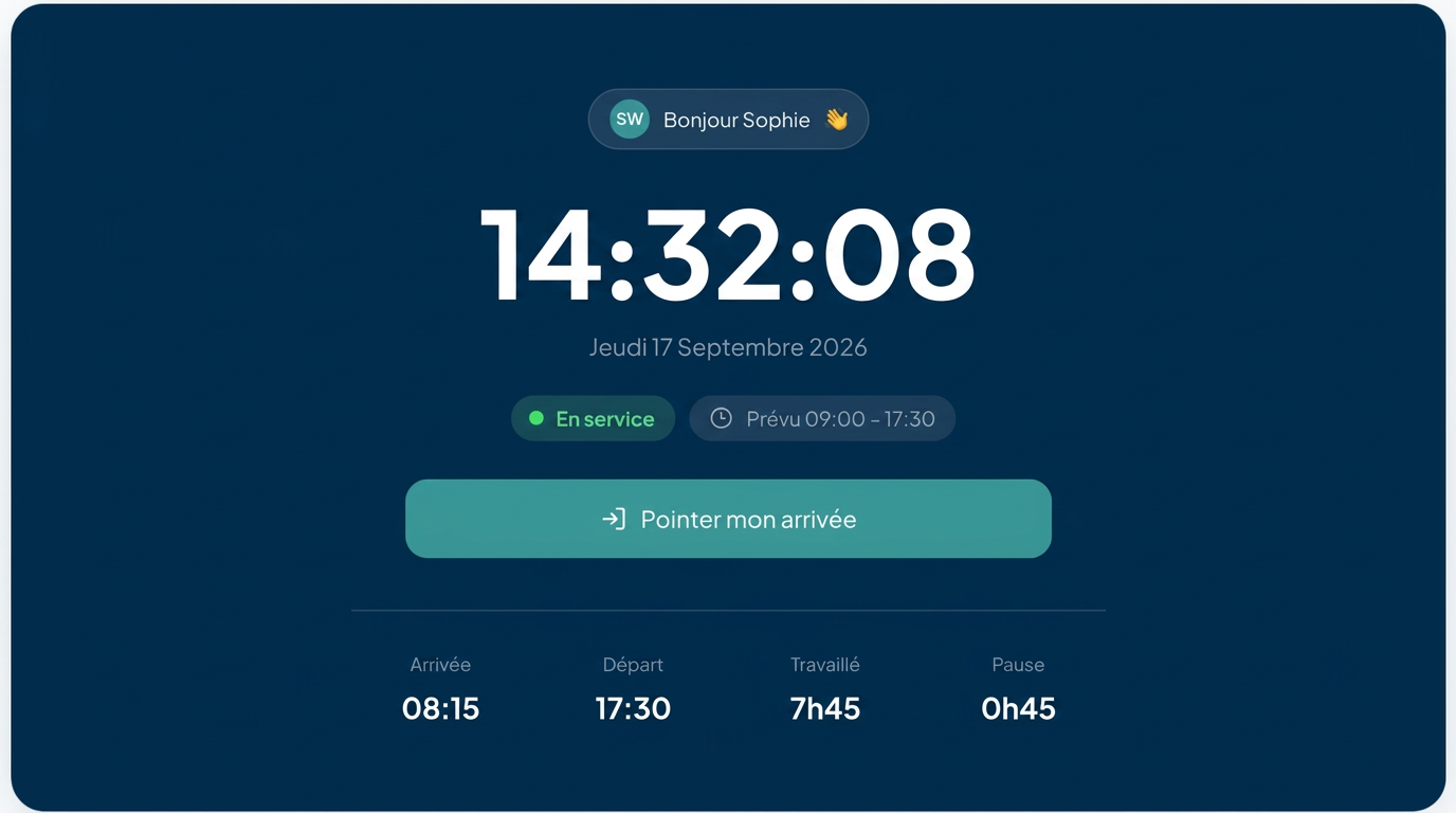 Écran de pointage Time-Up avec l’heure, l’horaire prévu et le bouton d’arrivée