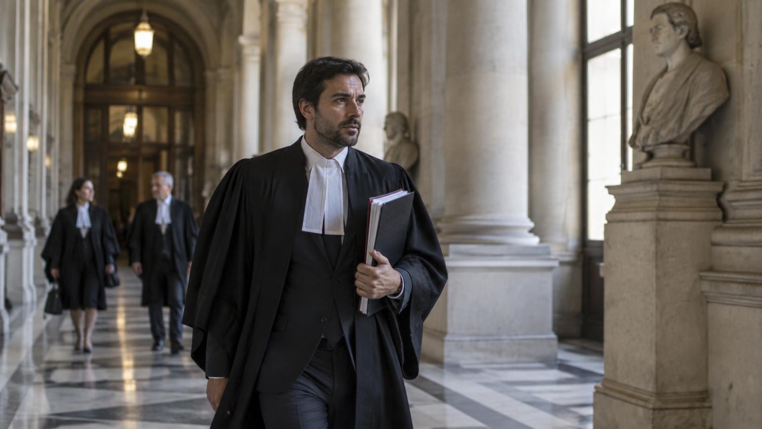 Avocat traversant la galerie d'un palais de justice, dossier sous le bras