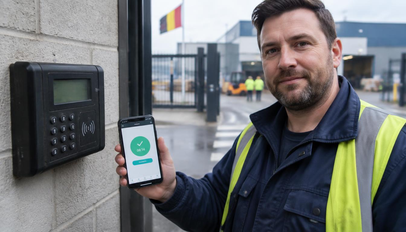 Badgeuse physique murale à côté d'un smartphone affichant une application de pointage à l'entrée d'une usine belge