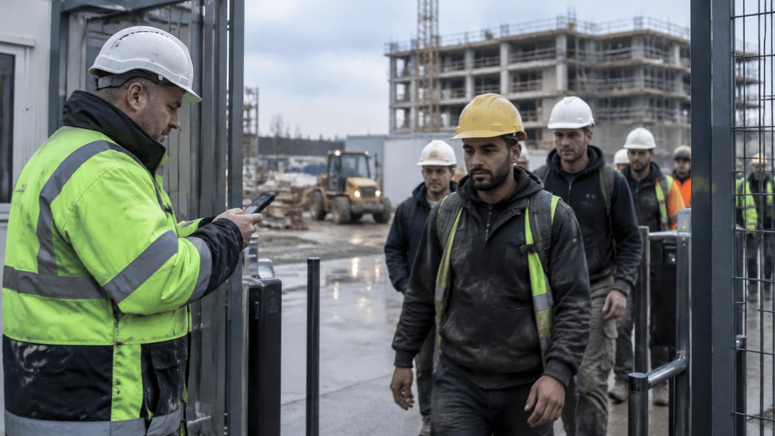 Responsable enregistrant les ouvriers qui entrent sur un chantier belge