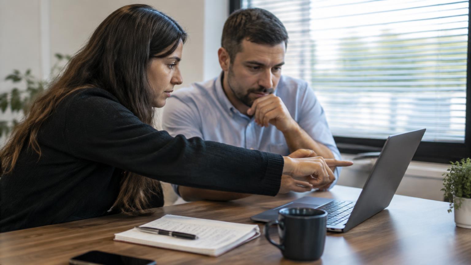 Deux collègues comparant des solutions de pointage sur un ordinateur portable