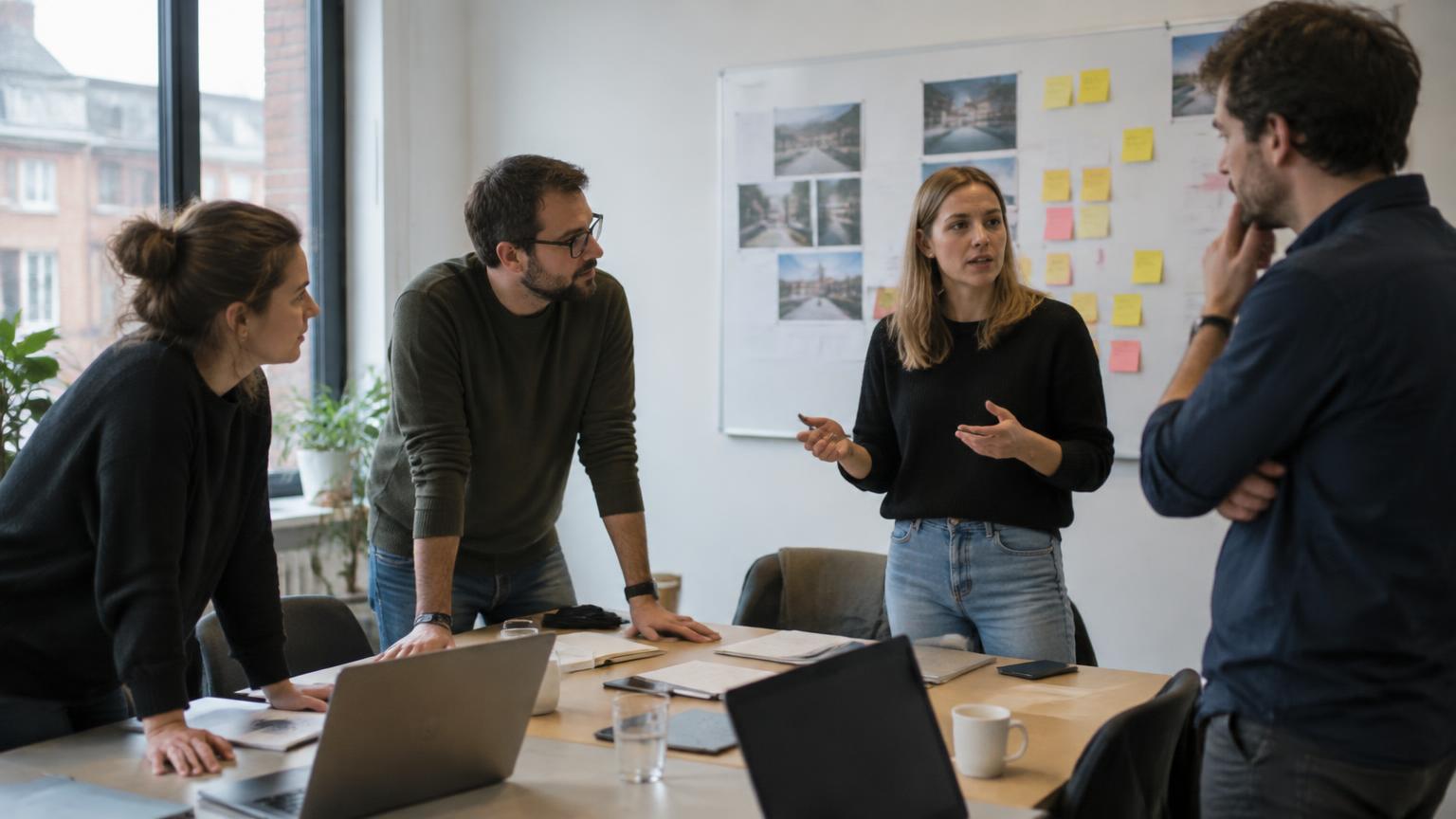 Petite équipe organisant un déploiement autour d'un tableau de planning