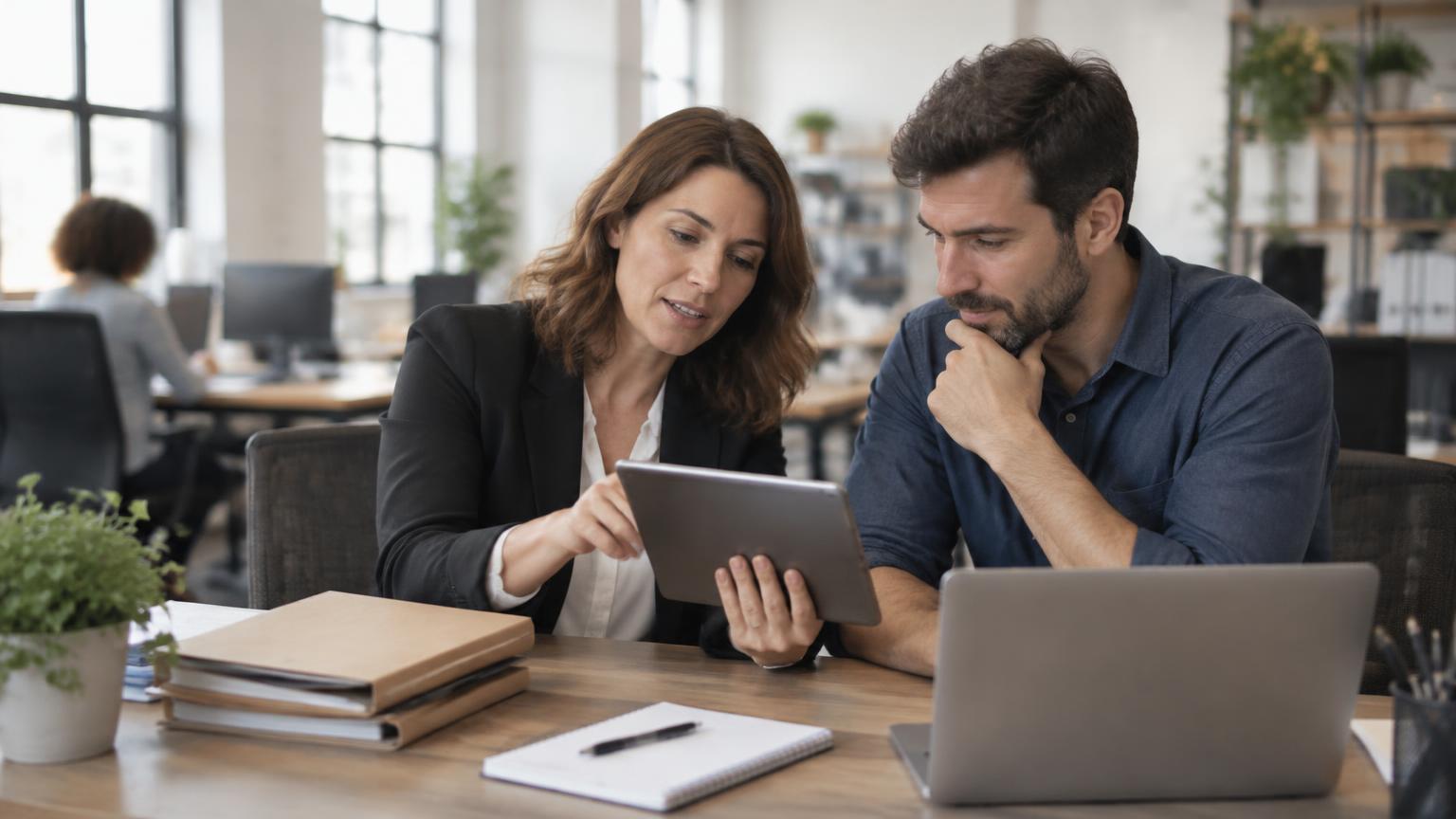 Responsable RH présentant un outil numérique sur tablette à un collègue