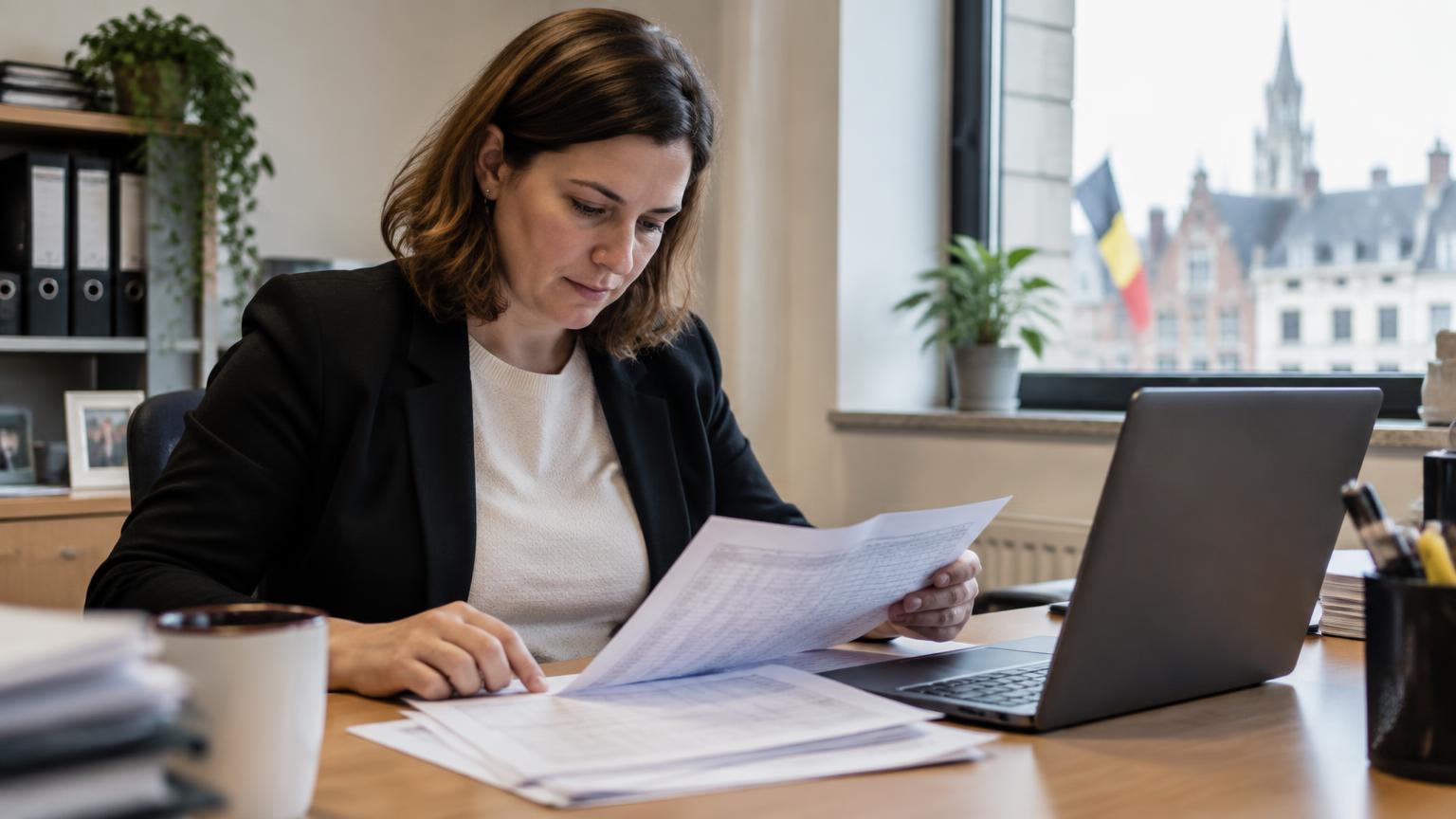 Responsable RH vérifiant des relevés d'heures papier dans un bureau belge
