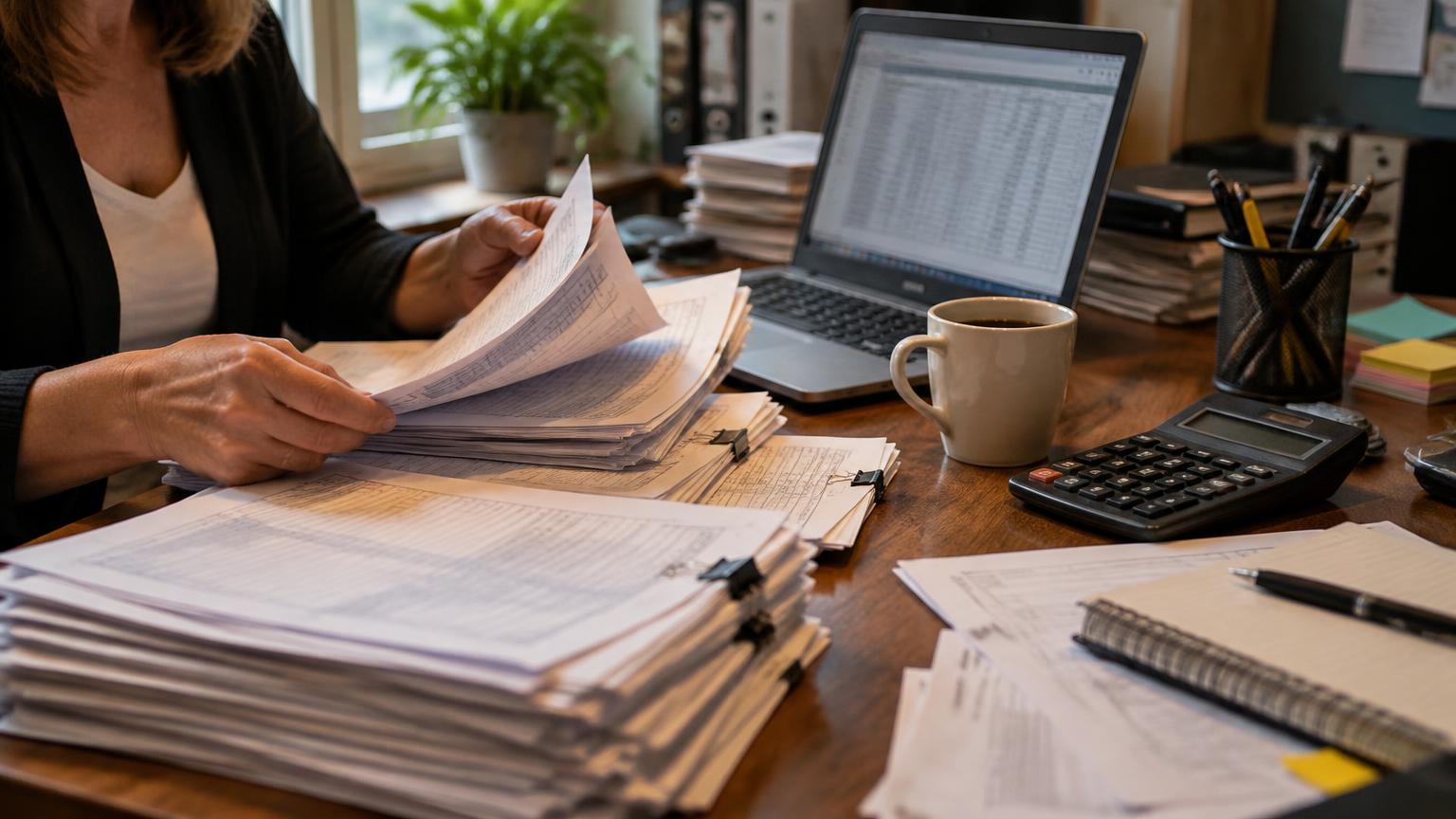 Piles de feuilles d'heures papier et tableur ouvert sur un bureau administratif