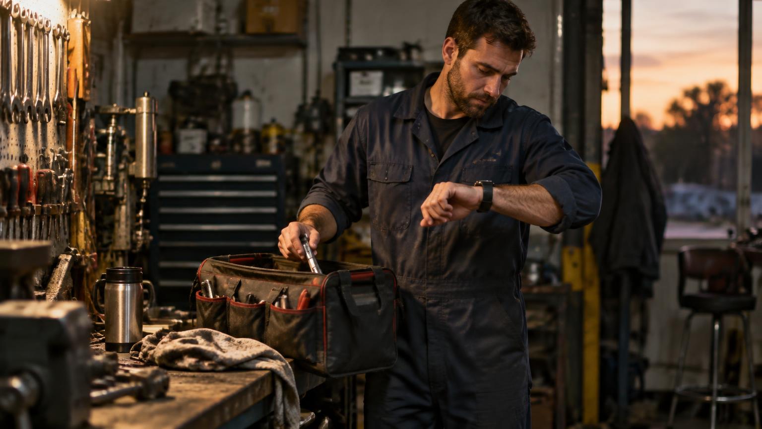 Technicien regardant sa montre en fin de journée dans un atelier