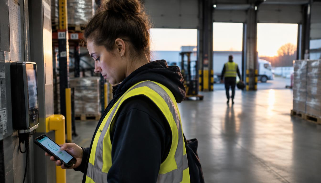Ouvrier d'entrepôt pointant sa fin de service sur smartphone en fin de journée en Belgique