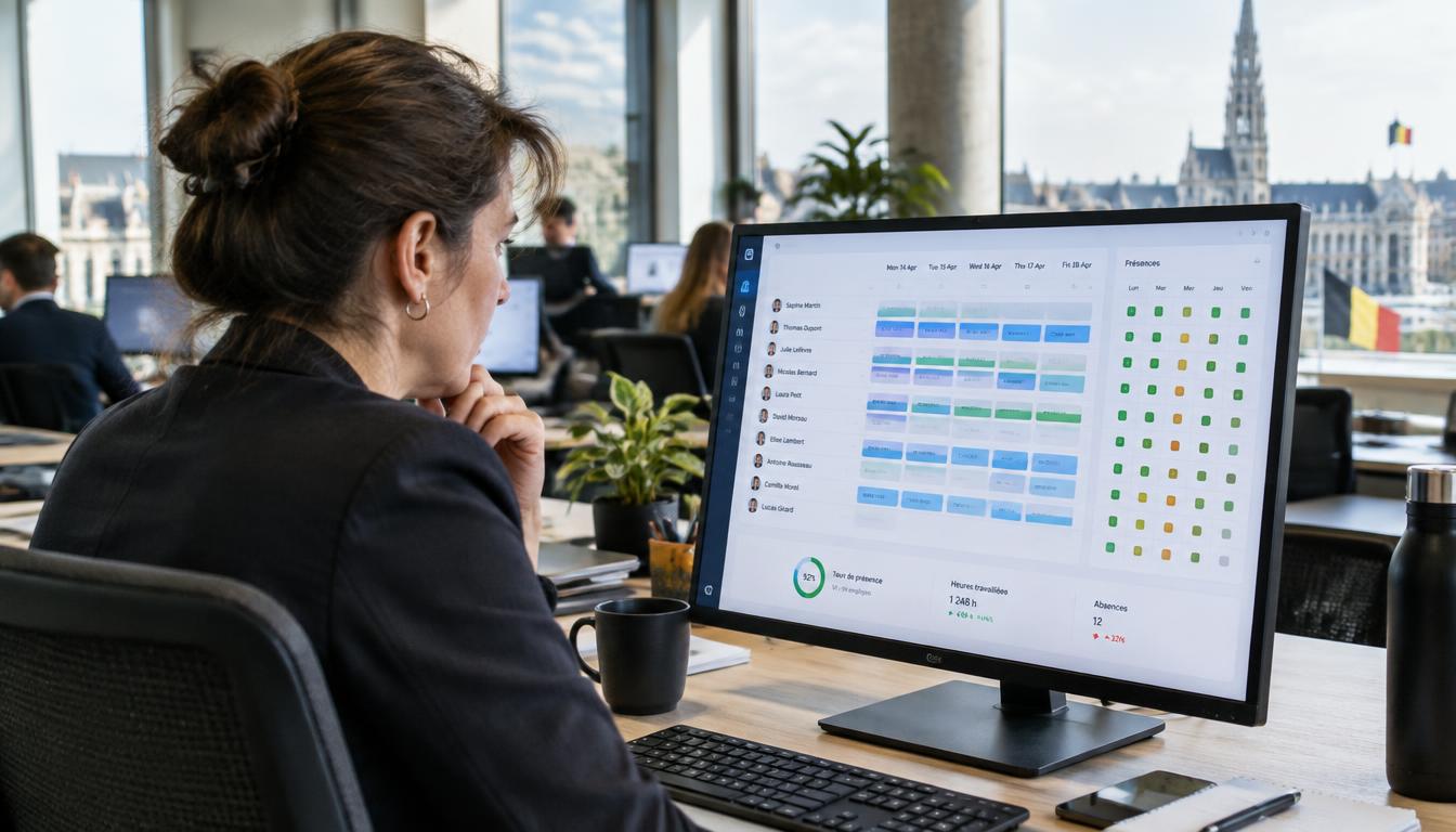 Responsable de PME belge consultant un logiciel de gestion des temps sur un grand écran dans un open space à Bruxelles