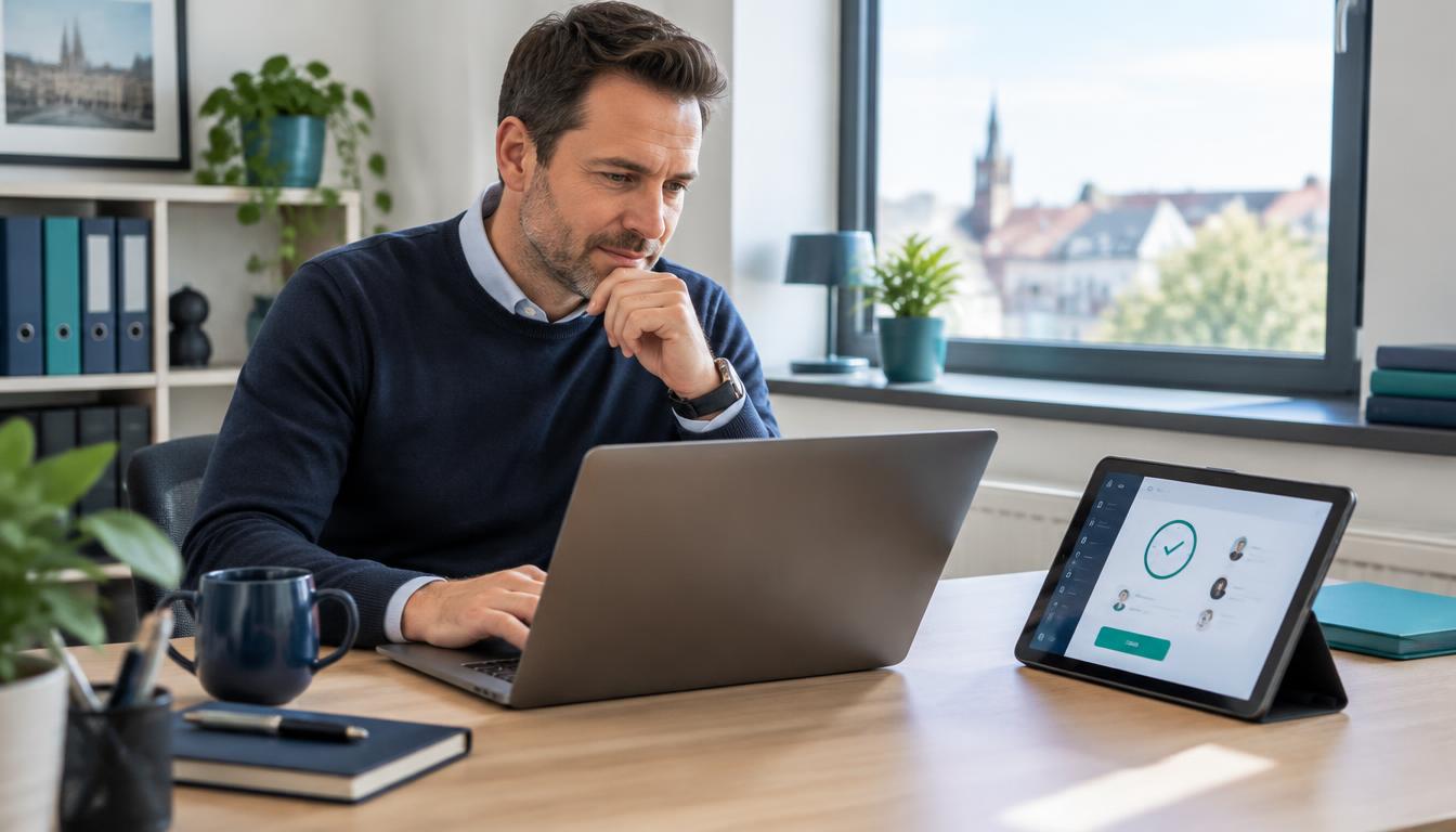 Responsable RH comparant des solutions de pointage sur ordinateur dans un bureau de PME belge