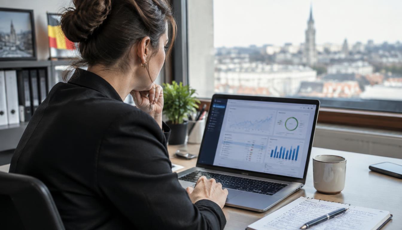 Responsable belge comparant des logiciels de pointage sur un ordinateur portable dans un bureau avec vue sur la ville