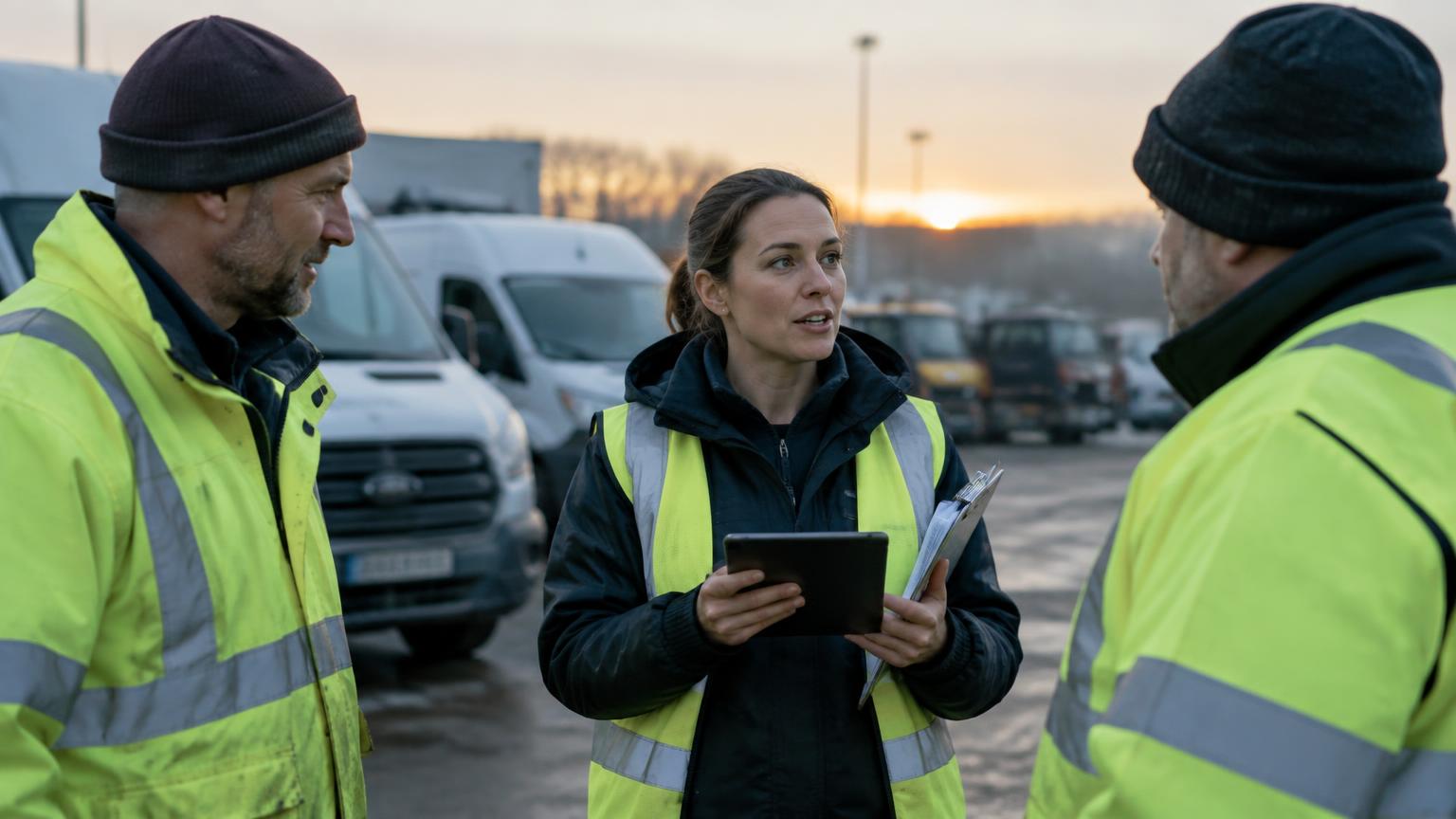 Responsable d'exploitation briefant deux ouvriers devant les camionnettes au petit matin
