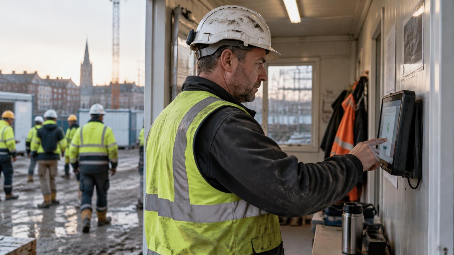 Chef de chantier enregistrant ses heures sur une borne de pointage dans un conteneur de chantier