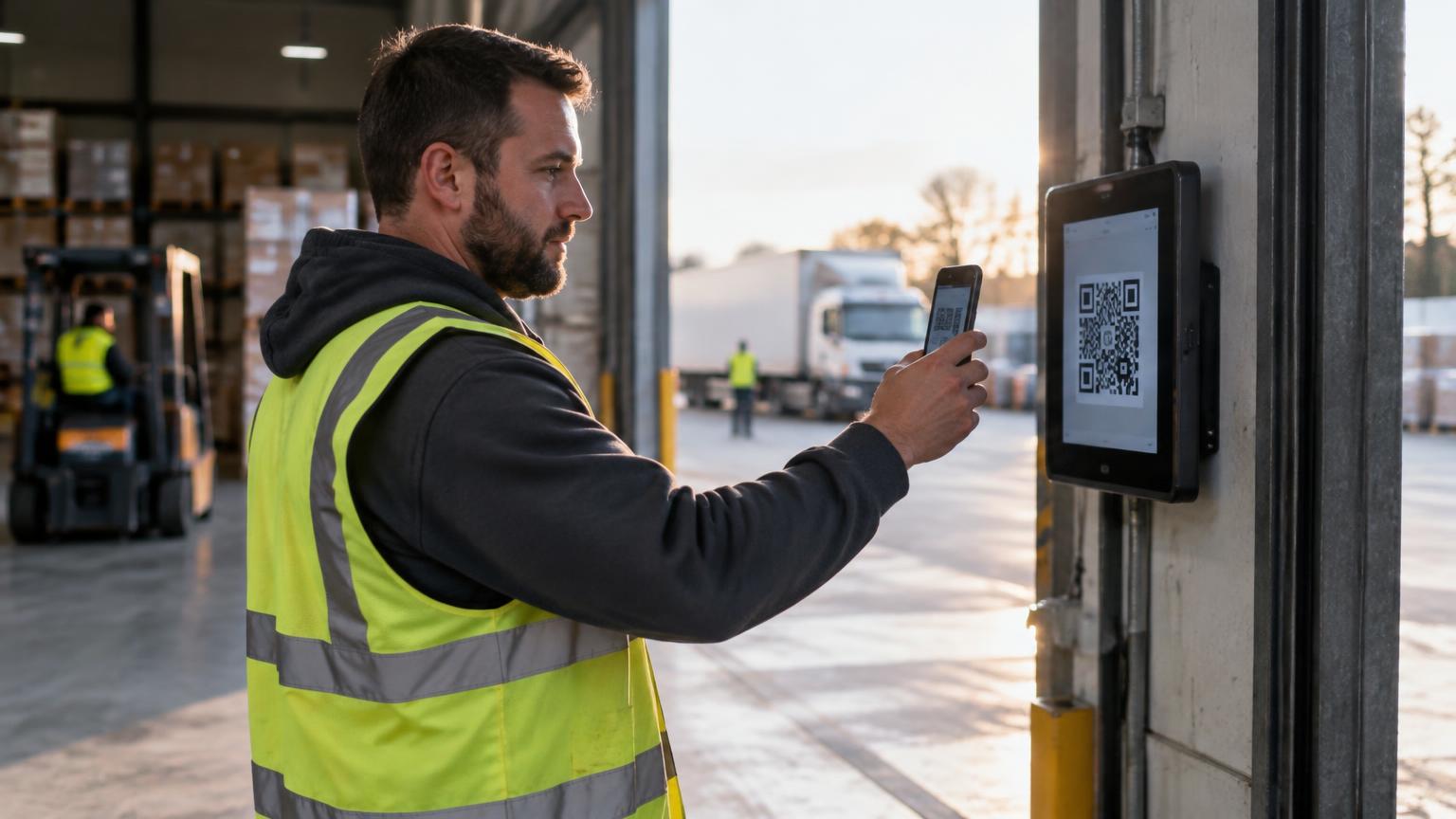 Ouvrier scannant un QR code de pointage avec son téléphone à l'entrée d'un dépôt