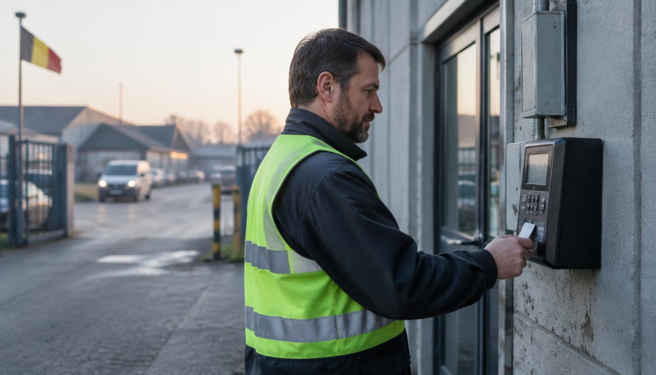 Ouvrier belge pointant son arrivée sur une pointeuse murale à l'entrée d'une zone industrielle au petit matin