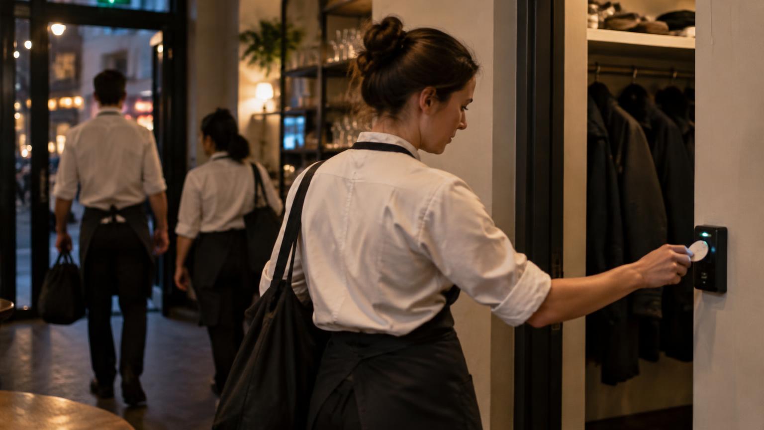 Serveuse badgeant sur un terminal près du vestiaire en fin de service