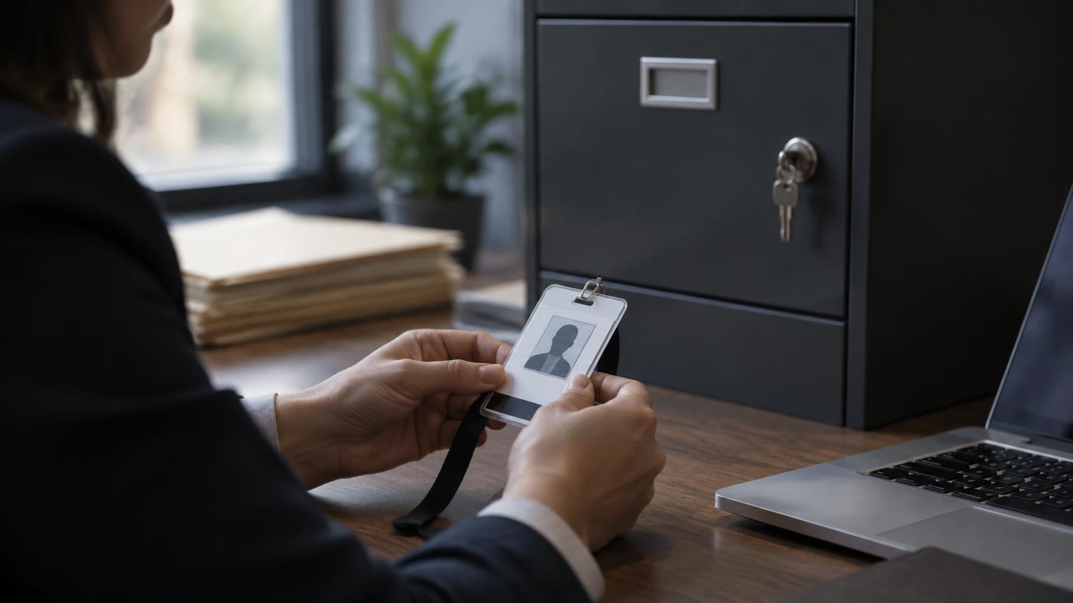 Badge personnel tenu devant une armoire de classement fermée à clé