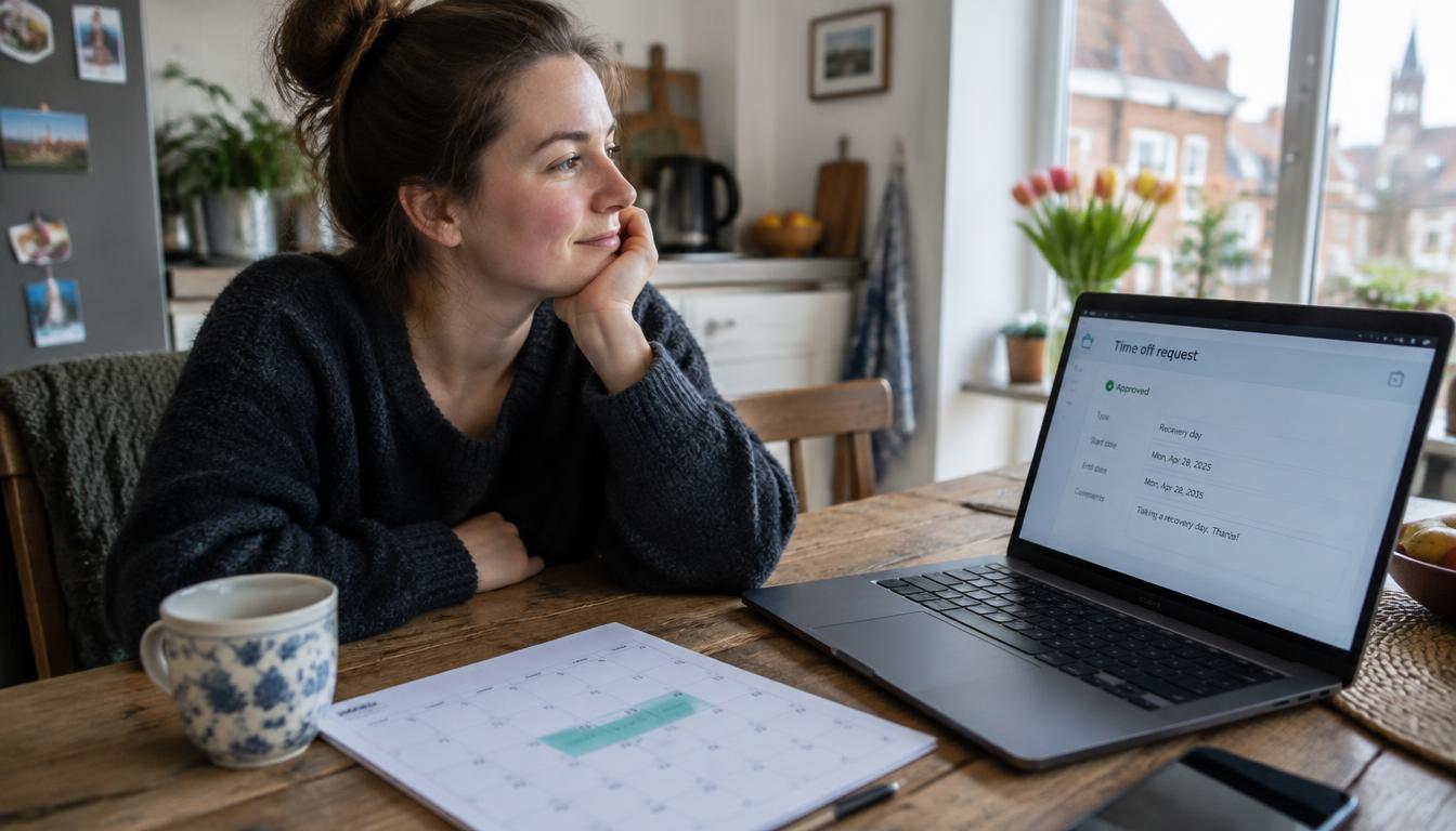 Employé belge posant un jour de récupération avec un calendrier et un ordinateur visible sur une table de cuisine