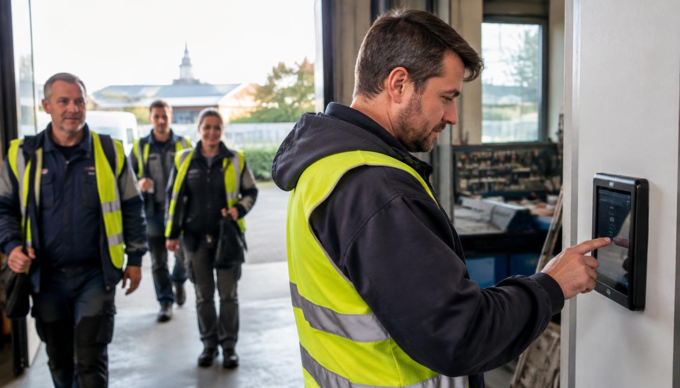 Ouvrier belge en gilet haute visibilité pointant sur une borne tablette murale à l'entrée d'un atelier, ses collègues arrivant derrière lui