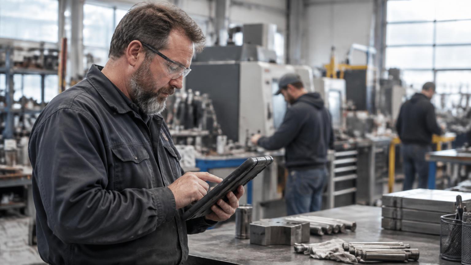 Chef d'atelier consultant les heures prestées sur une tablette durcie