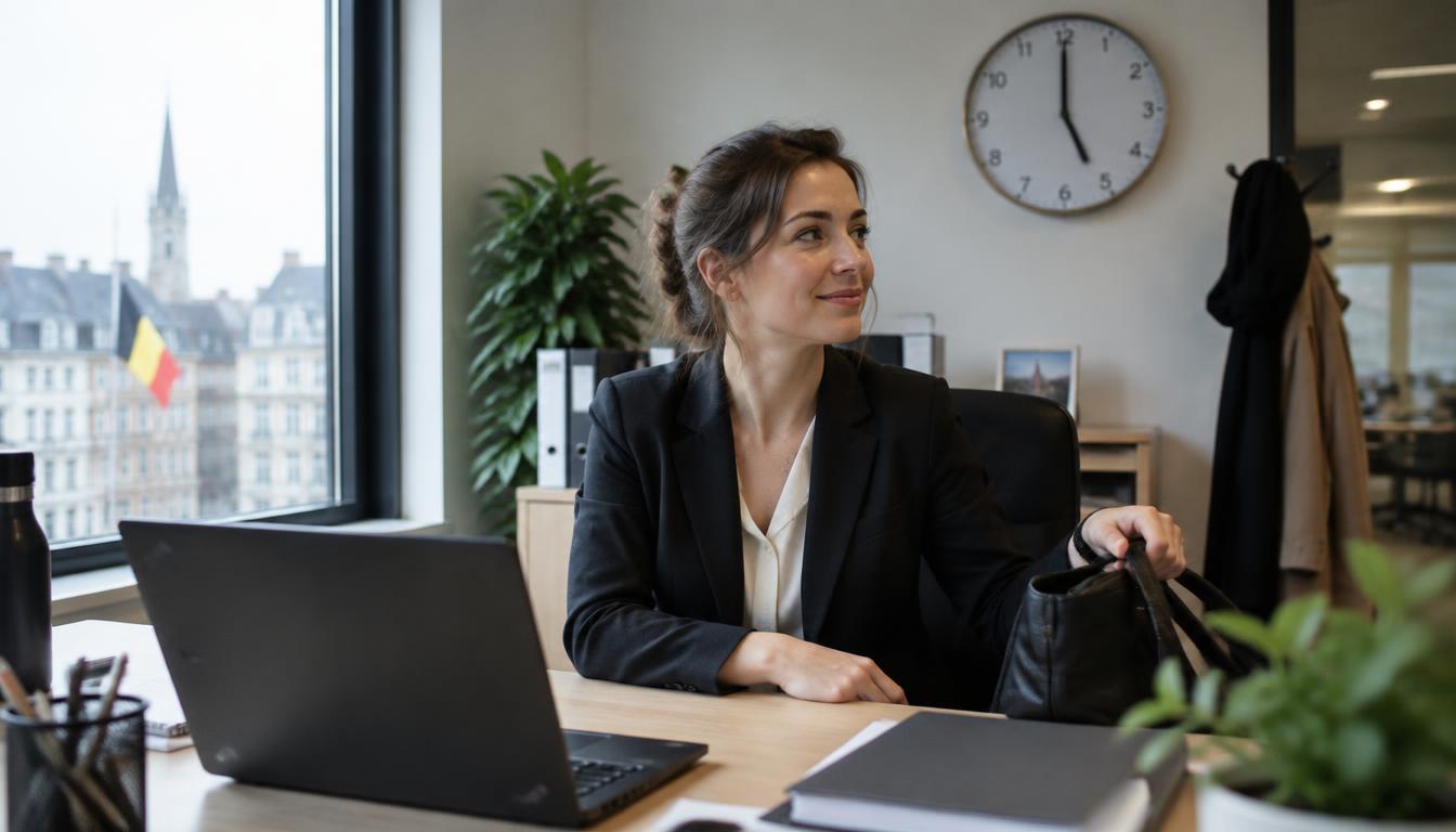 Employé à temps plein à son poste de travail dans une entreprise belge avec une horloge murale visible